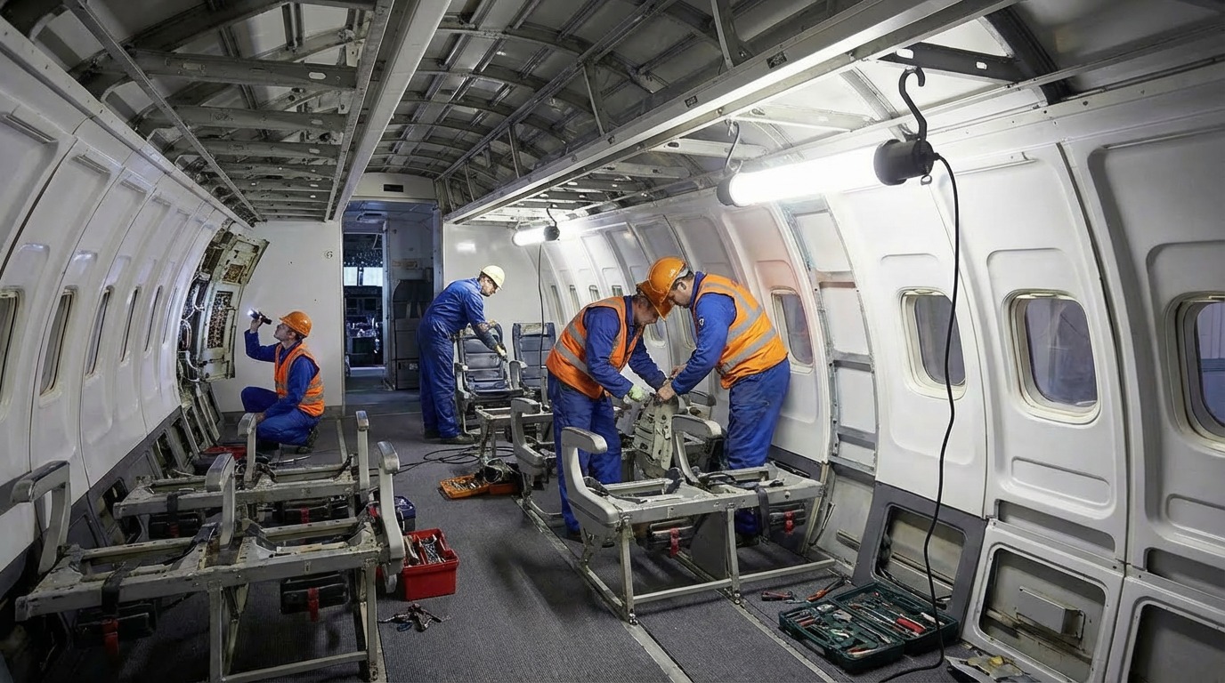 Werkverlichting bij onderhoud aan een vliegtuig