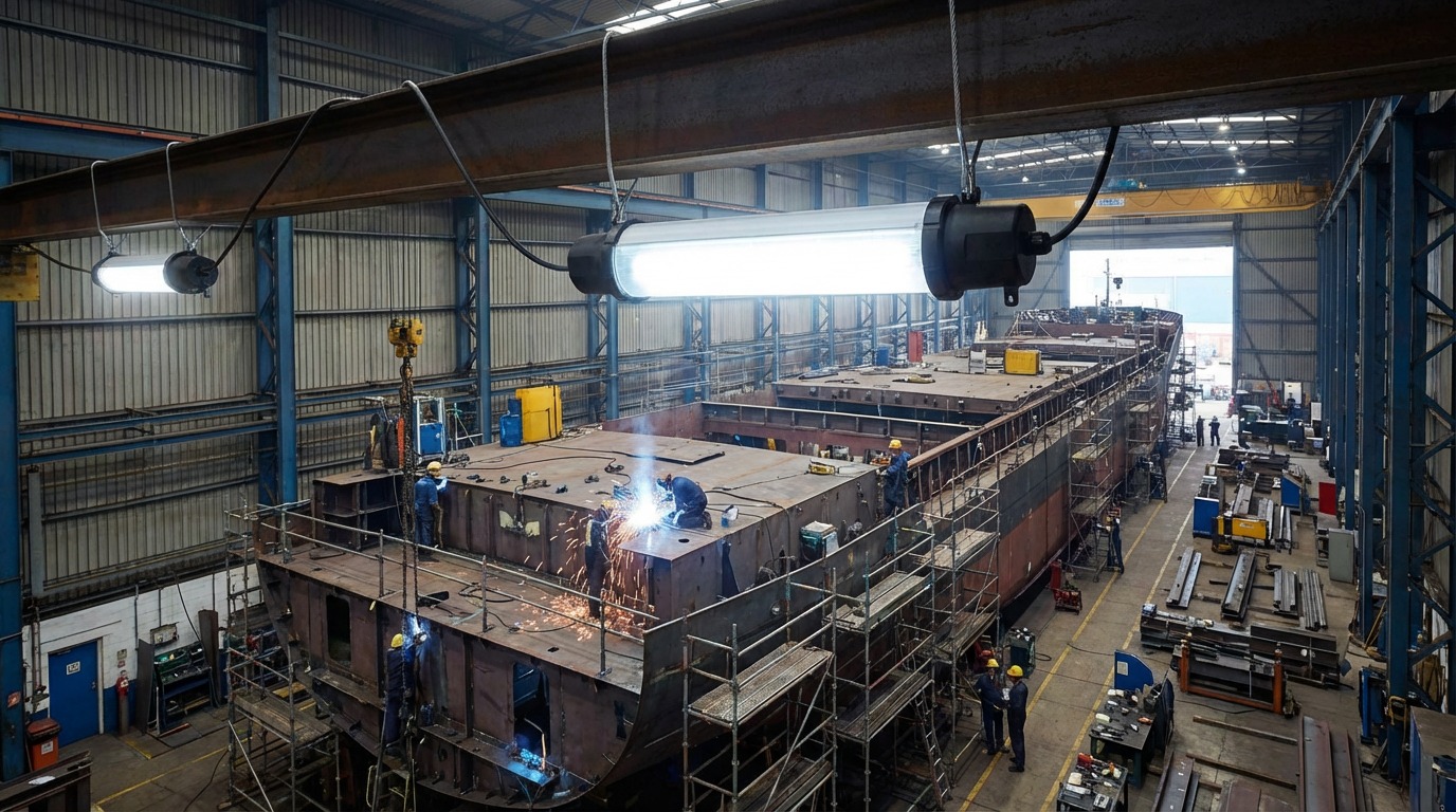 Maxibel werkverlichting toegepast bij een scheepswerf